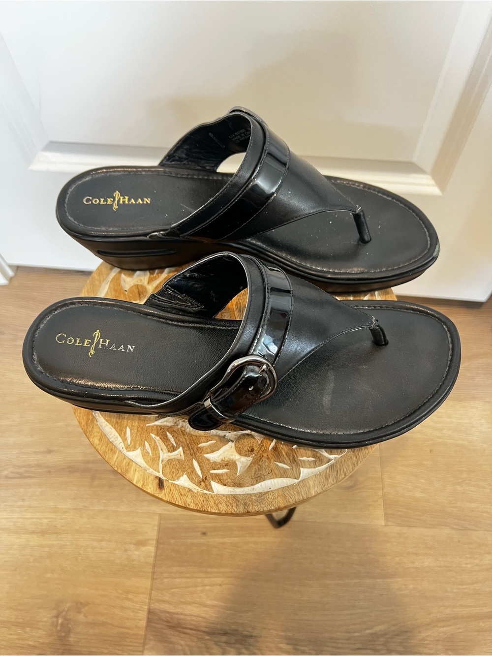 Cole Haan Nike Air Collab Black Leather Thong Sandals with Buckle